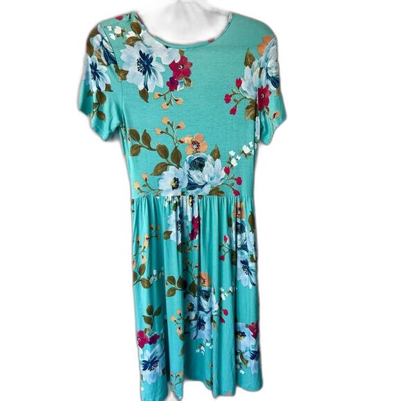 Vibrant Colorful Floral Teal Turquoise Swing Midi Dress - Picture 1 of 3